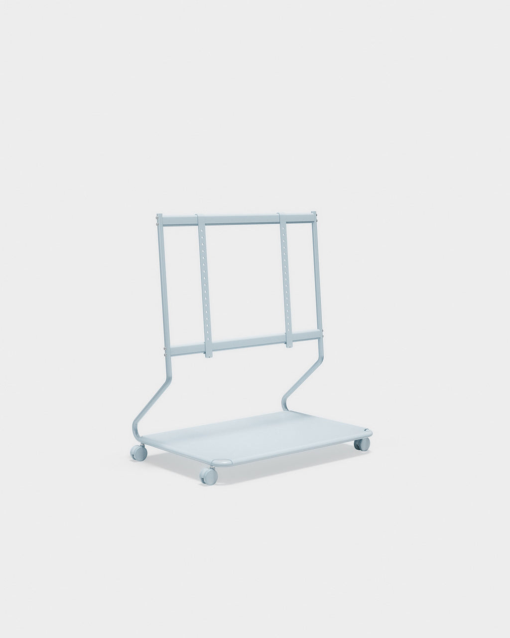 Disco stand with wheels in powder blue, angled studio view showing tilted mounting frame, base tray and casters