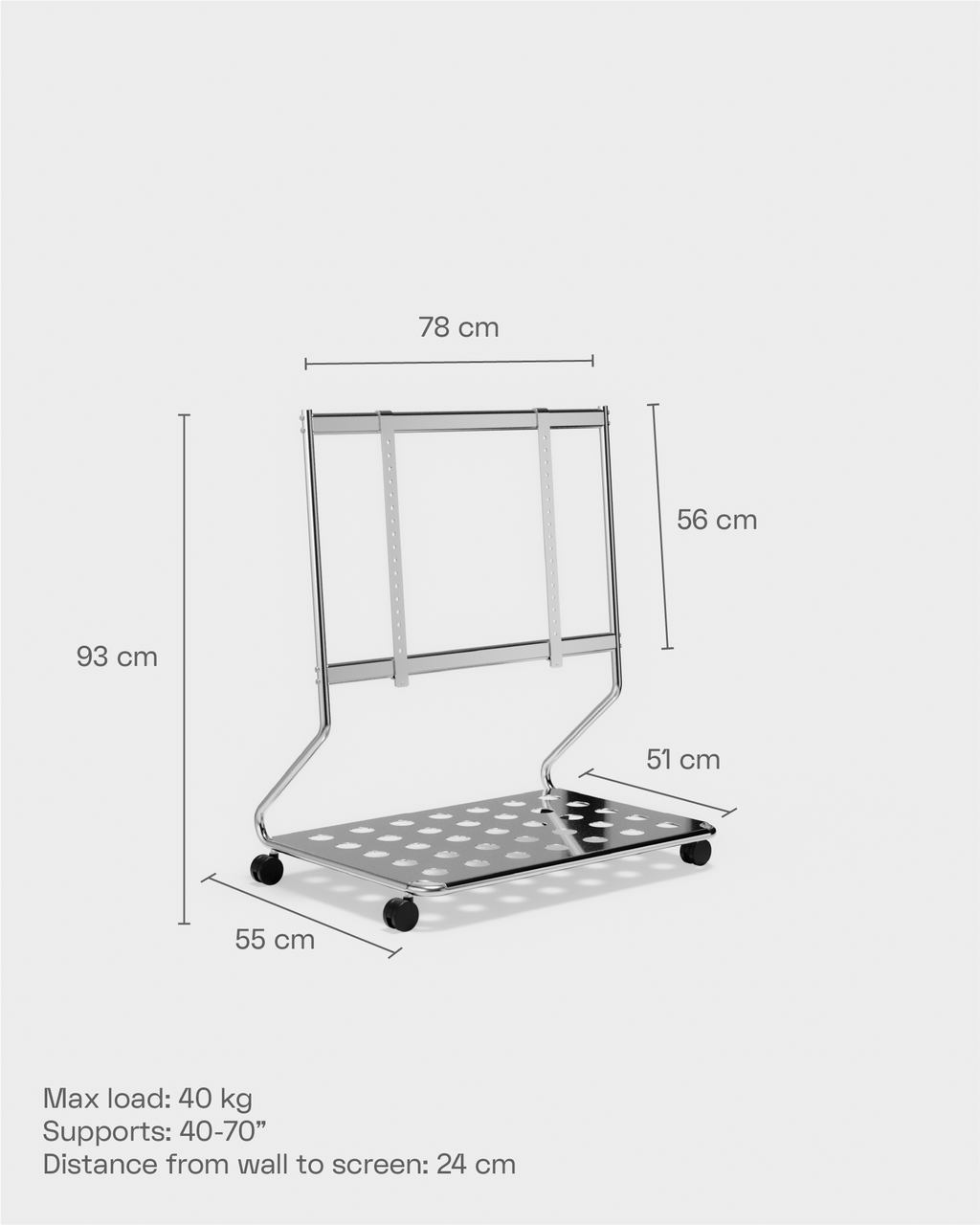 Dimension diagram of the Disco Powder Blue rolling TV stand showing 93 cm height, 78 cm width and 40 kg max load