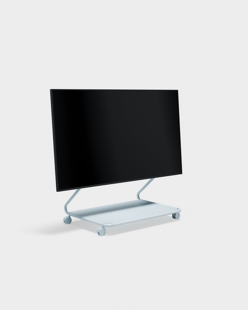 Disco stand in Powder Blue on wheels holding a mounted flat-screen TV, angled studio packshot on white background