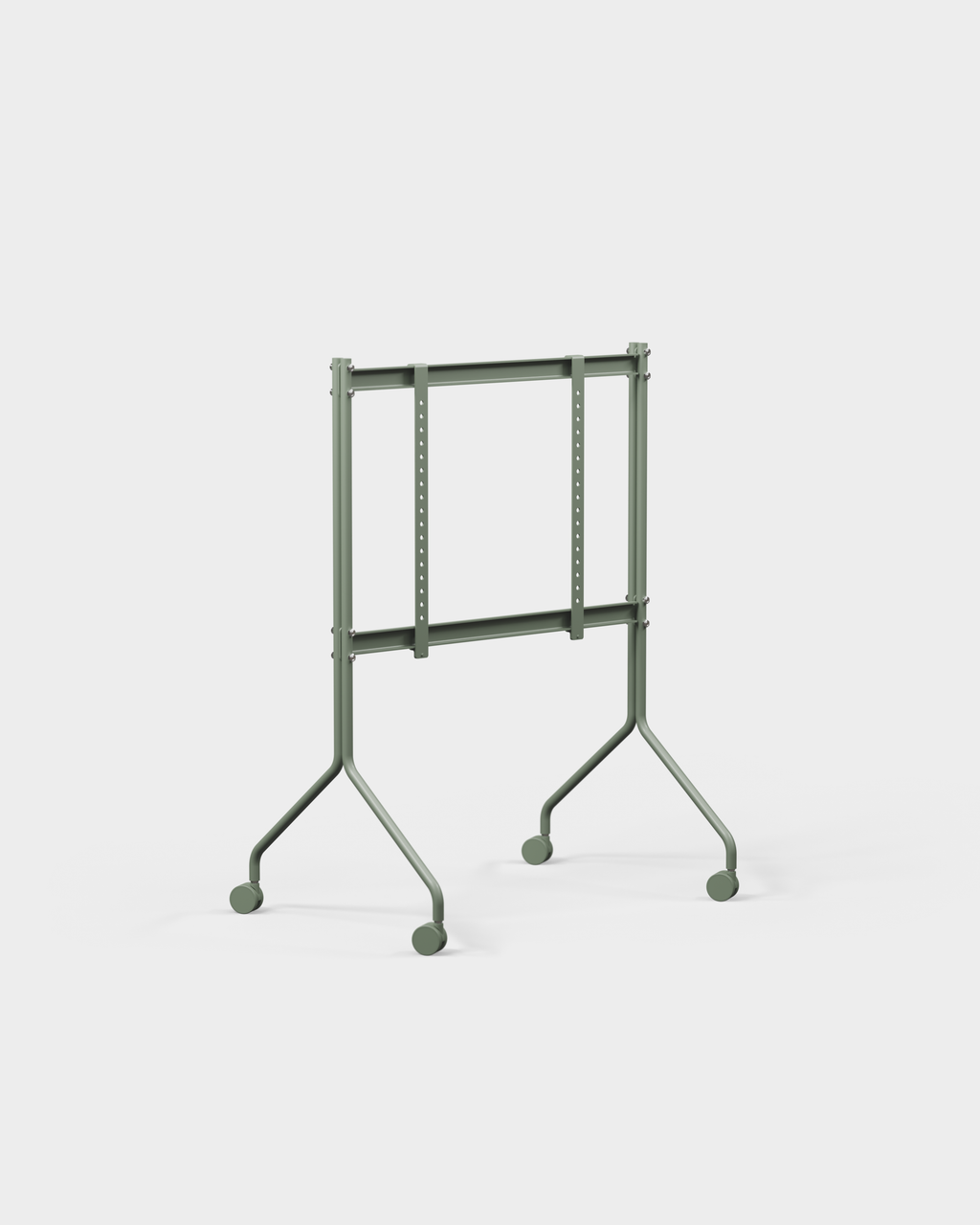 Moon in Mossy Green rolling TV stand, angled studio view showing adjustable mounting rails, splayed legs and wheels