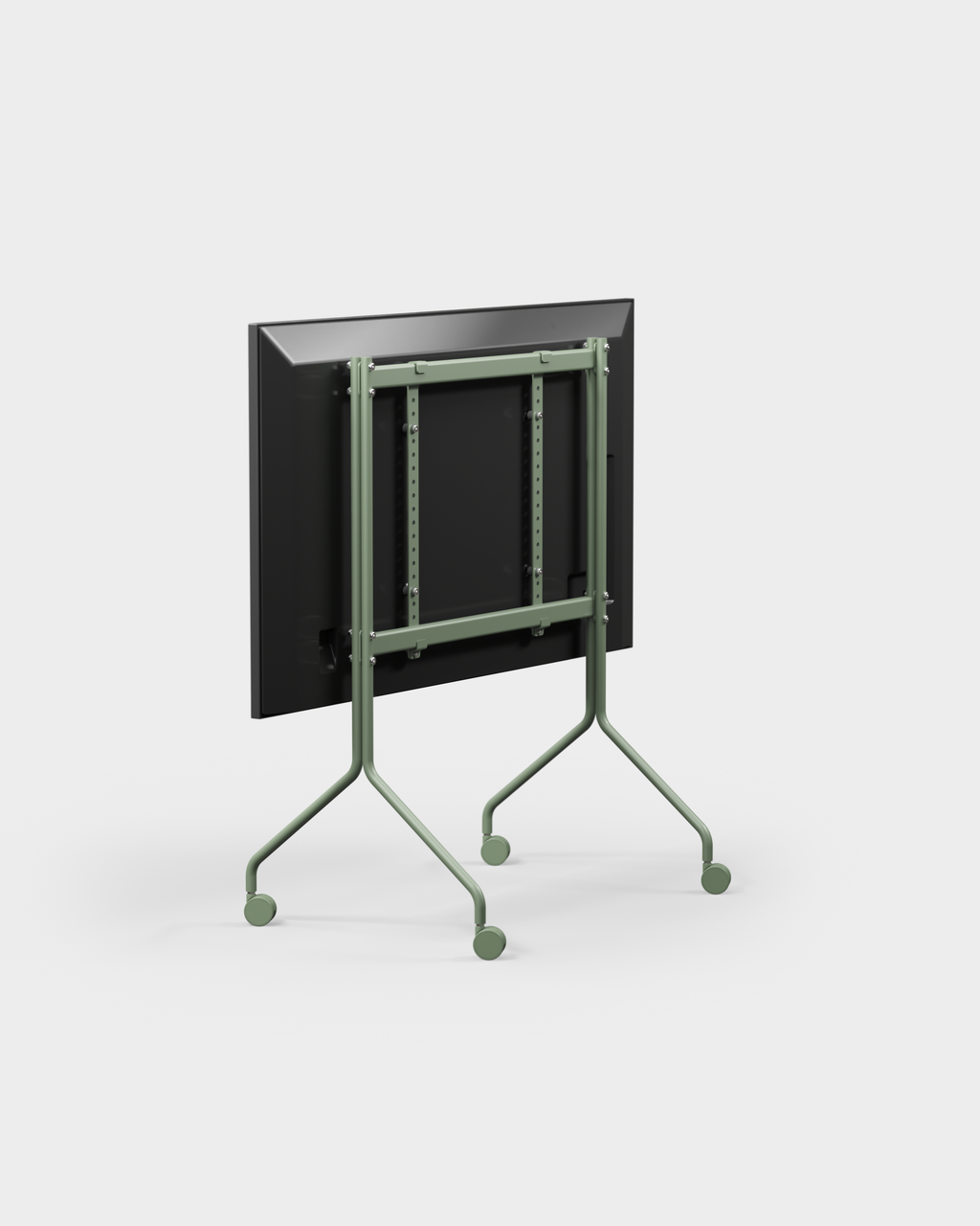 Rear three-quarter studio view of Moon in Mossy Green rolling TV stand, showing VESA bracket, frame welds and casters