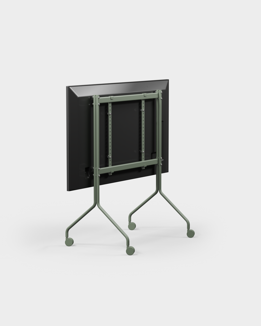 Rear three-quarter studio view of Moon in Mossy Green stand with wheels, showing bracket mounts behind a folded display