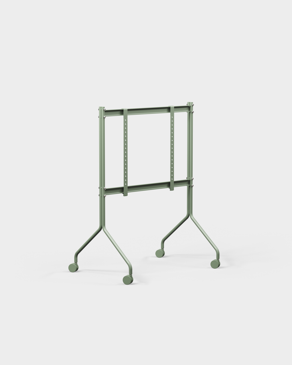 Moon stand in Mossy Green shown from a three-quarter studio angle, empty mounting frame on splayed legs with casters