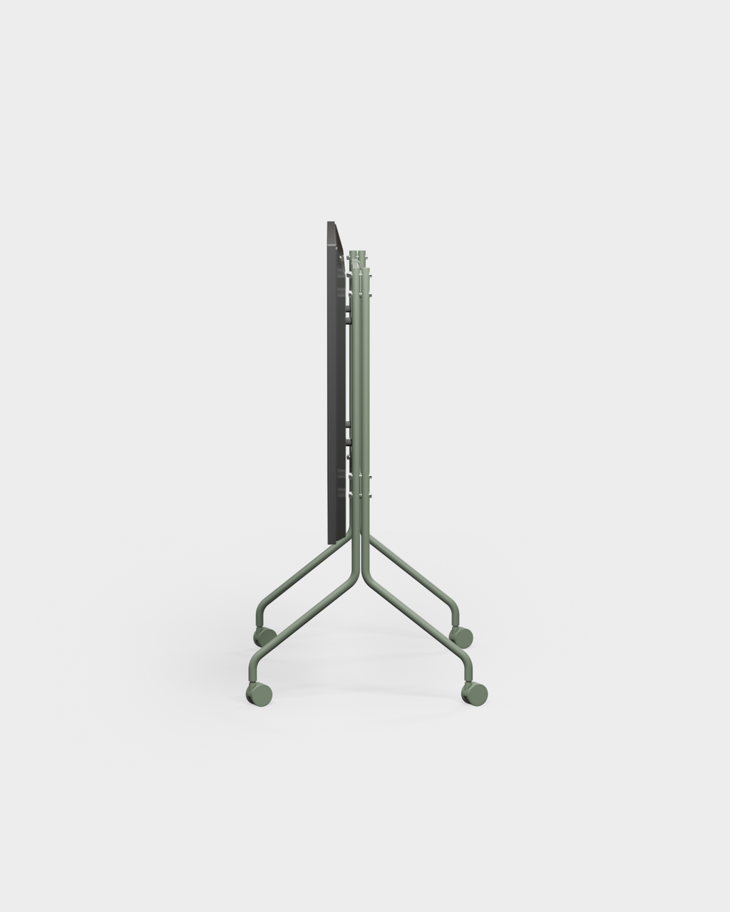 Side profile studio view of Moon in Mossy Green stand with wheels, folded flat with dark panel tilted forward