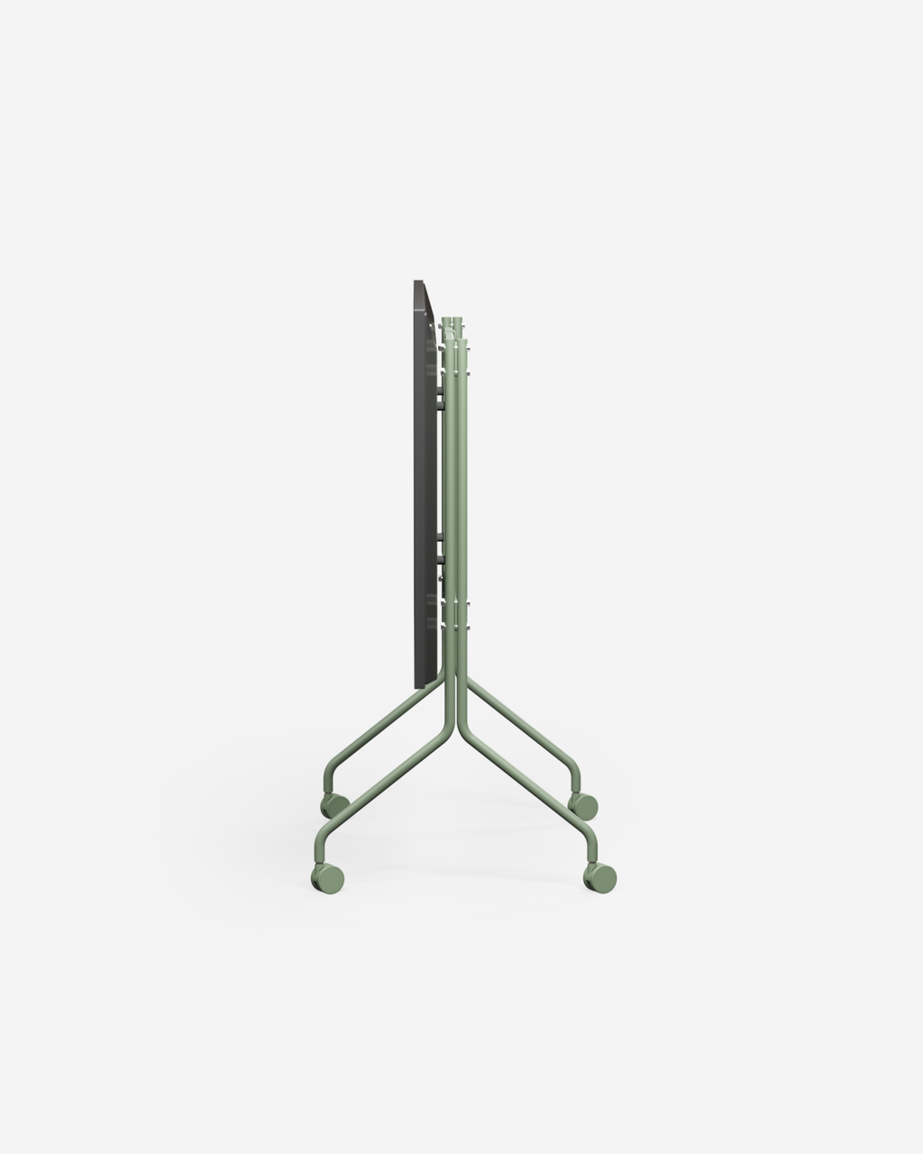Side profile of the Moon TV stand in Mossy Green with folded frame and four wheels against a studio white background