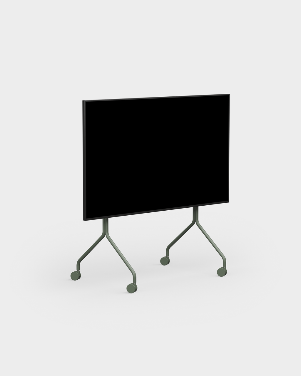 Moon in Mossy Green rolling TV stand at an angle in a studio packshot, holding a large black screen on wheeled legs