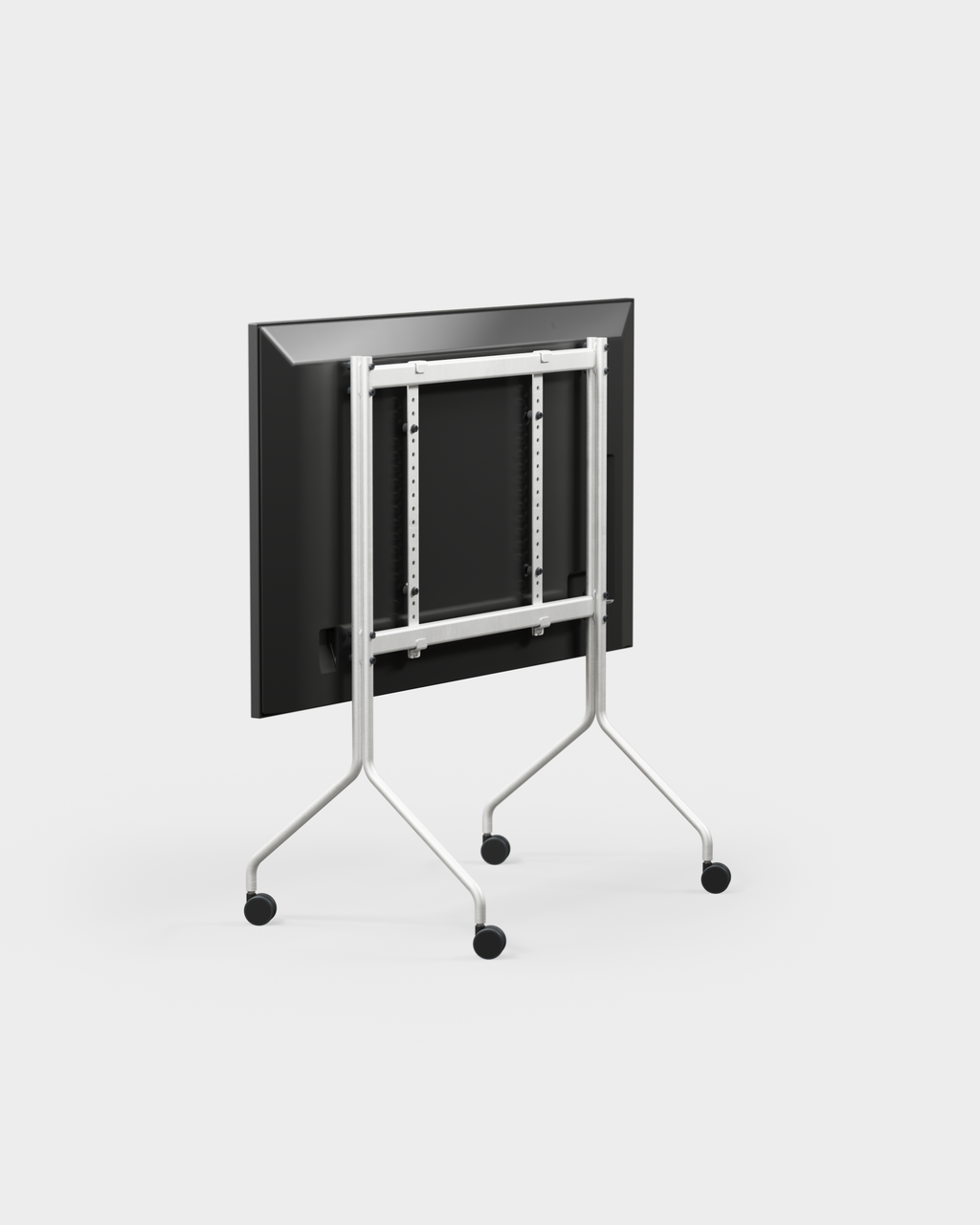 Moon in Cloudy Silver rolling TV stand folded flat in studio packshot, rear angle showing mount bracket and casters