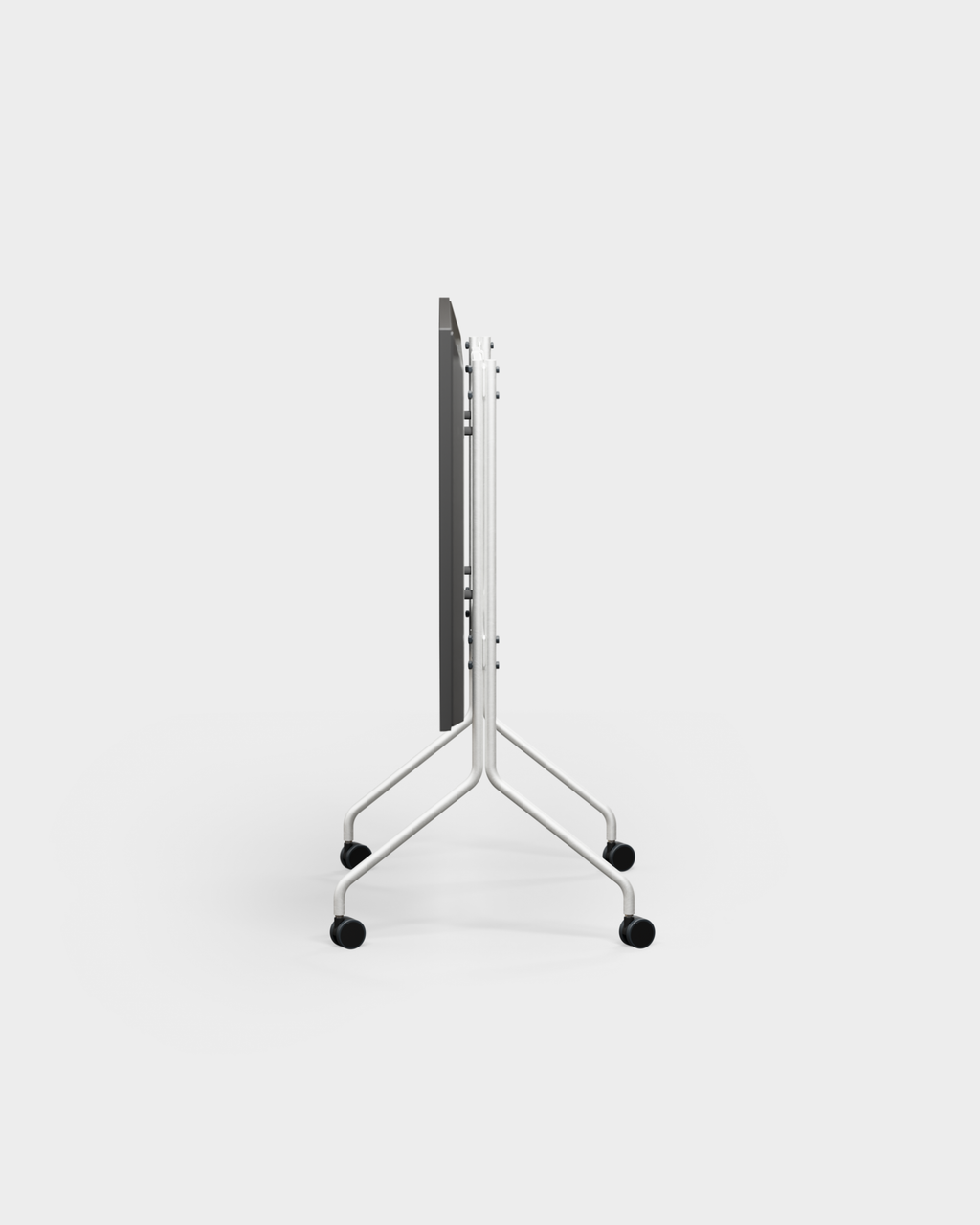 Moon in Cloudy Silver stand with wheels folded flat, side-on studio packshot showing slim white tubular frame and casters