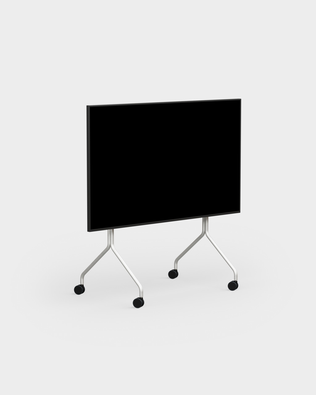 Moon in Cloudy Silver rolling TV stand with wheels shown at an angle in a studio packshot, screen off