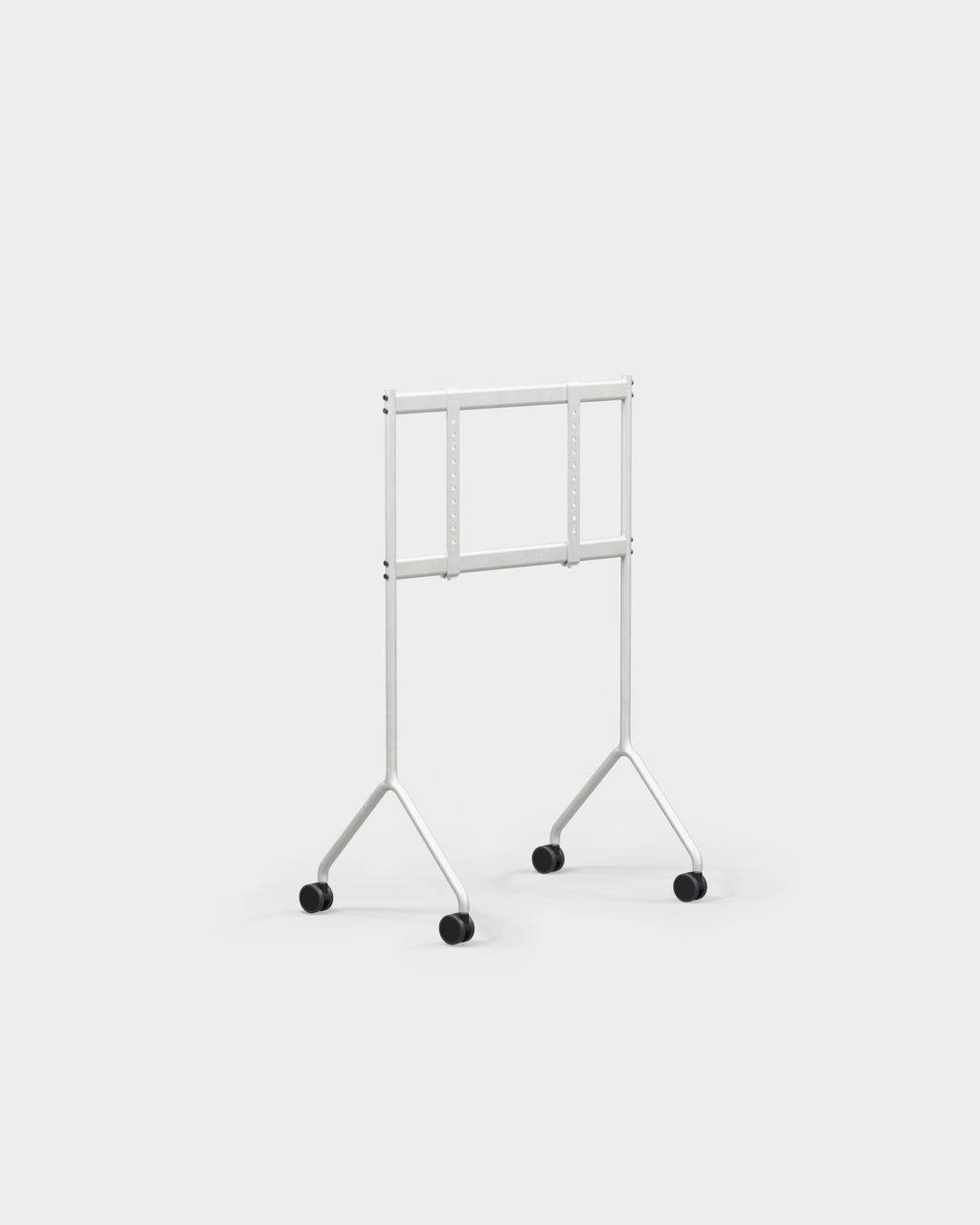 Moon Light in Cloudy Silver mobile TV stand, angled studio view showing Y-shaped legs, casters and bare mount bracket