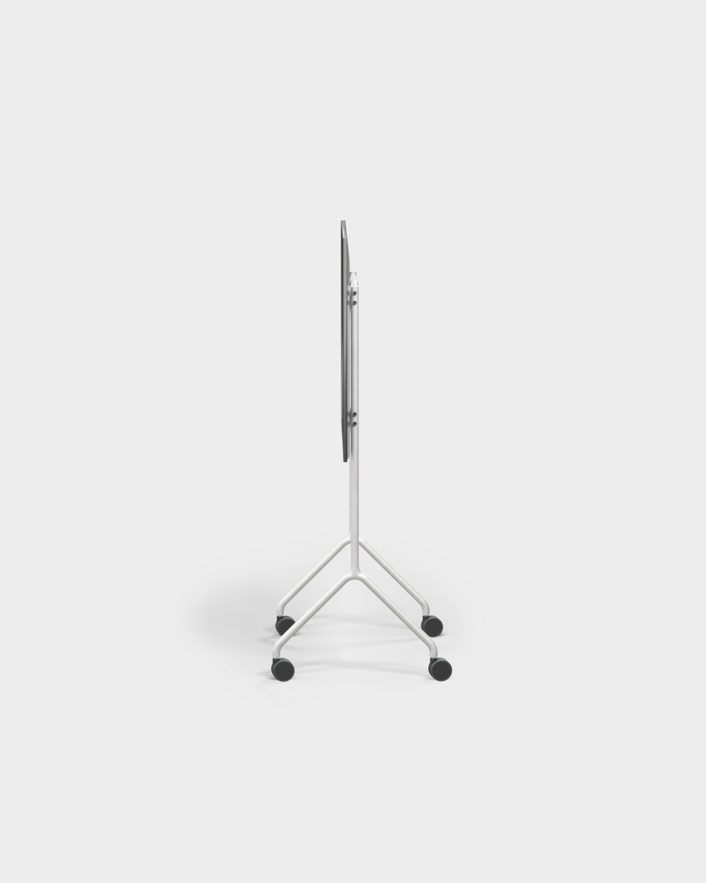 Side profile studio shot of Moon Light in Cloudy Silver rolling TV stand, slim folded panel on V-shaped wheeled base