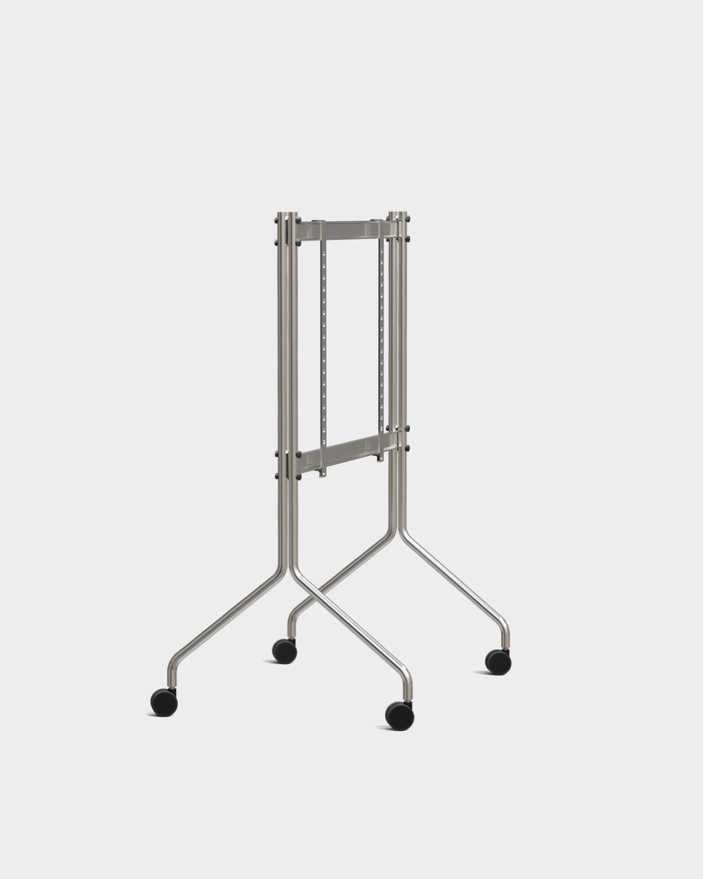 Moon TV stand in Chrome holding a large flat-screen TV, angled studio view showing splayed legs on black wheels