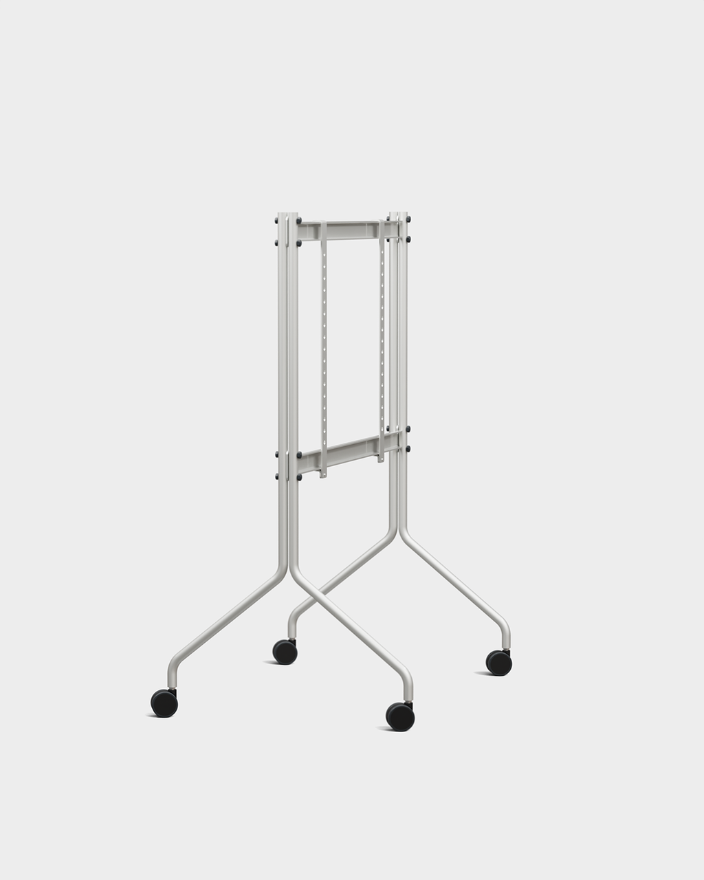 Moon in Cloudy Silver rolling TV stand with wheels shown at an angle in a studio packshot, screen off