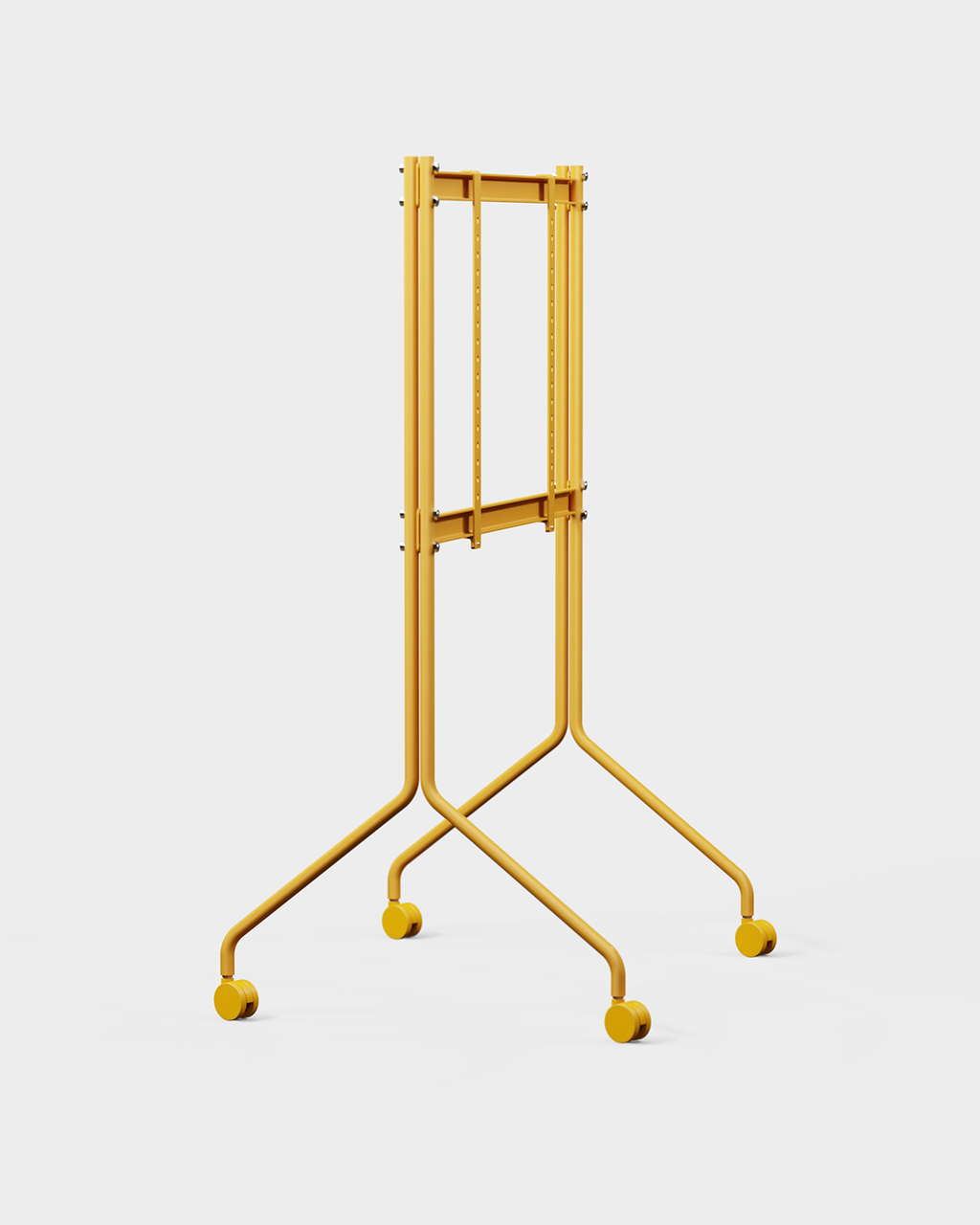 Moon Tall stand in Apricot shown at an angle in a studio packshot, holding a black display on splayed wheeled legs
