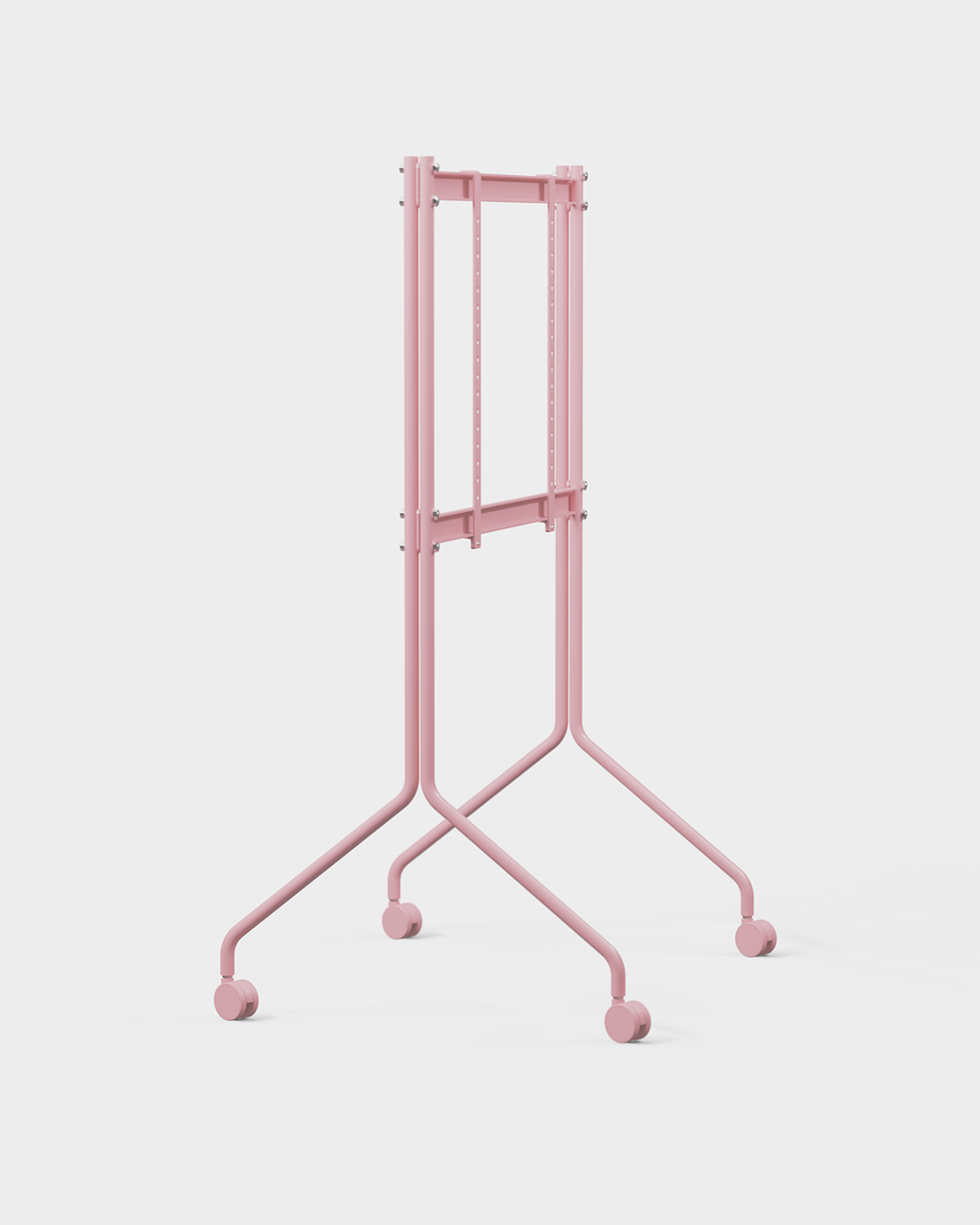 Moon Tall TV stand in Bubble Gum pink, angled studio view with mounted flat-screen TV and rolling caster wheels