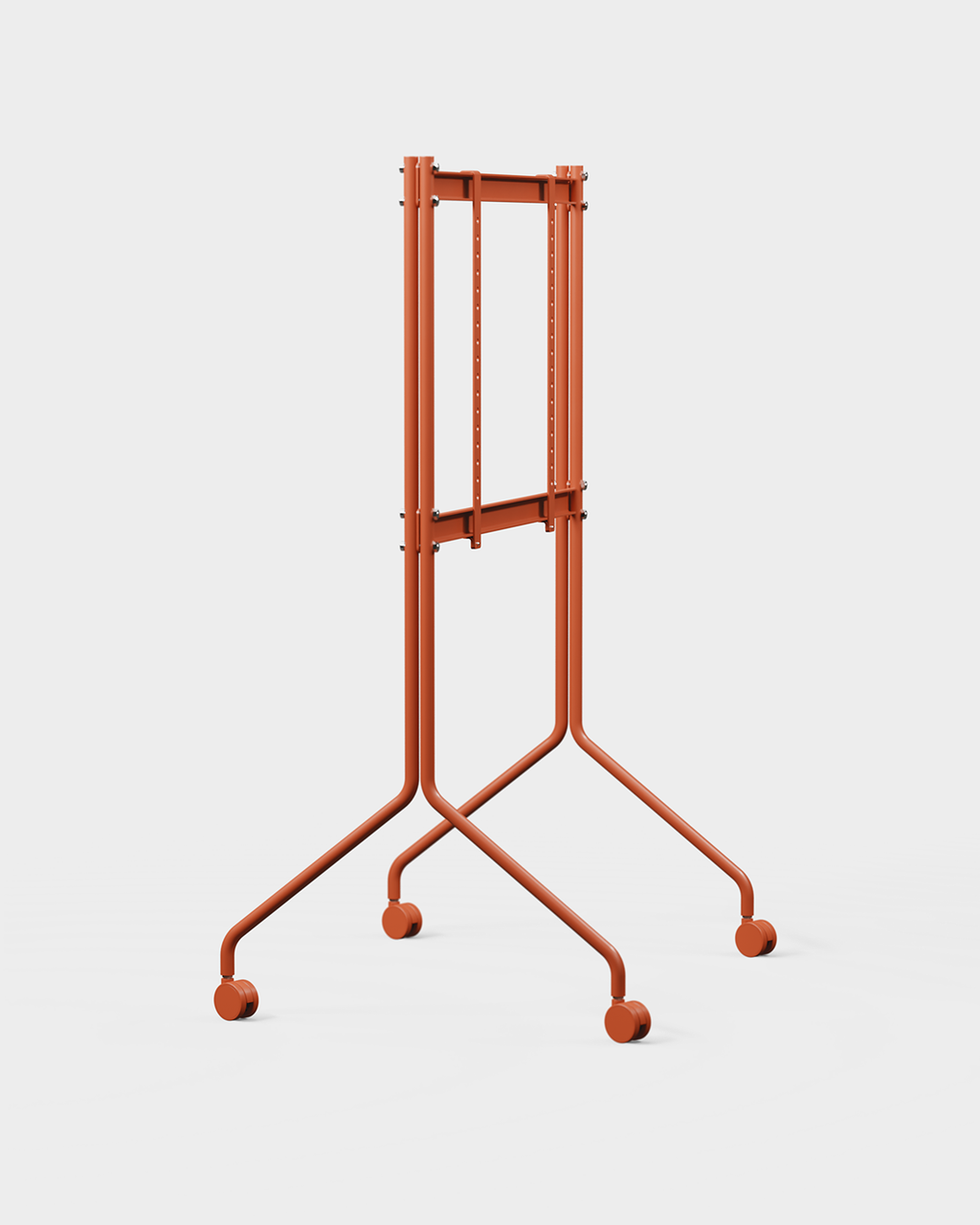Moon Tall stand in Burnin' Red holding a large flat-screen TV, angled studio packshot showing splayed legs and wheels
