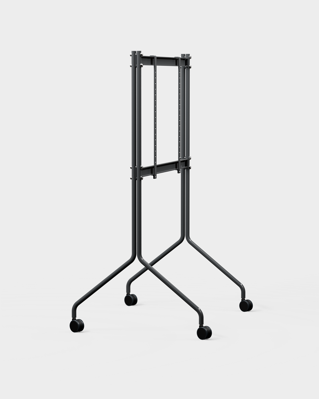 Moon Tall stand in Charcoal shown at an angle in a studio packshot, holding a large TV on slim legs with casters