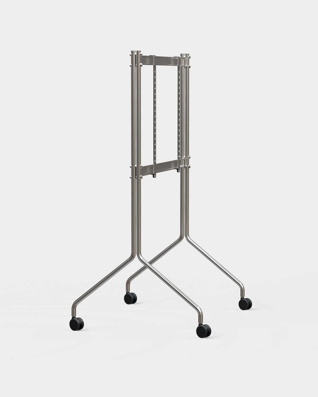 Moon Tall stand in chrome shown at an angle in a studio packshot, holding a large black TV on four caster wheels
