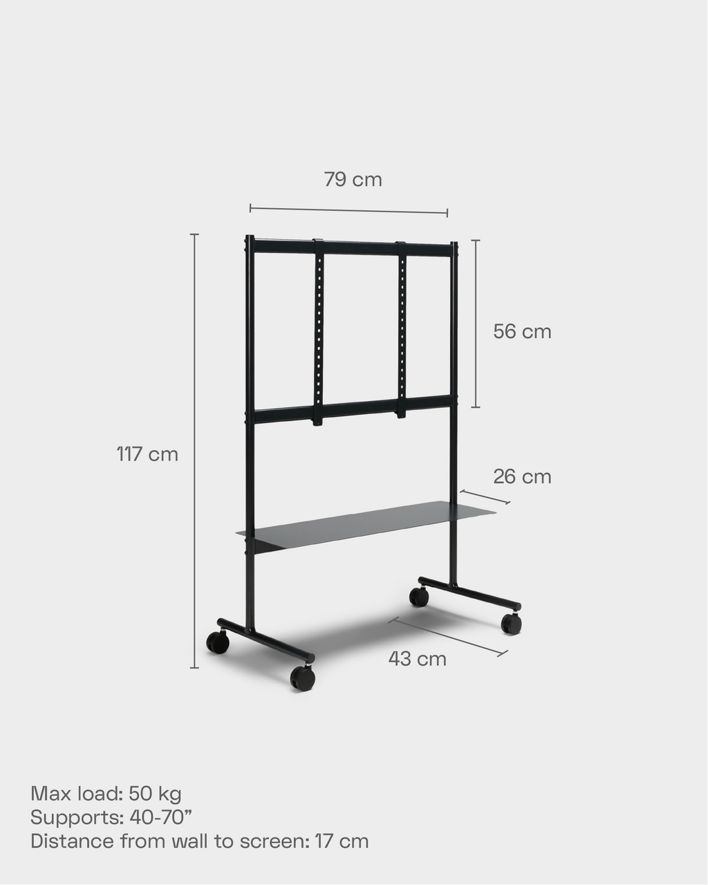 Rover stand in Powder Blue shown as a dimension diagram with height, width, shelf depth, base specs and caster wheels