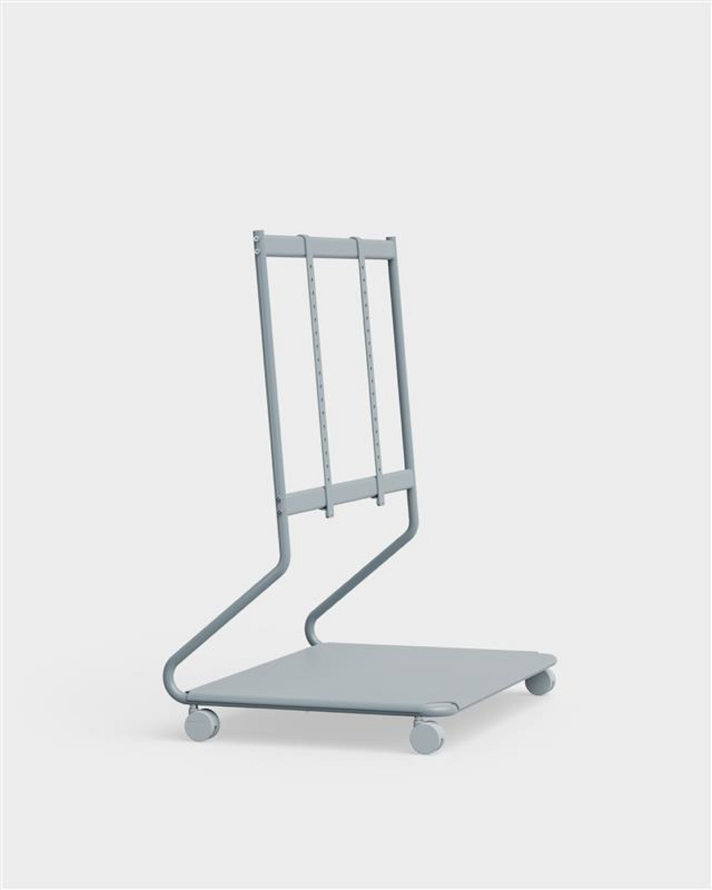 Disco stand in Powder Blue on wheels holding a mounted flat-screen TV, angled studio packshot on white background