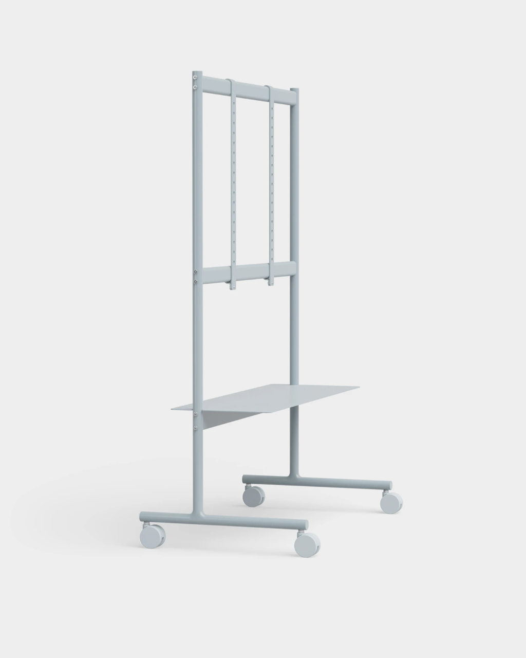 Rover TV stand in Powder Blue shown at an angle in studio, mounted flat-screen TV, lower shelf and locking wheels